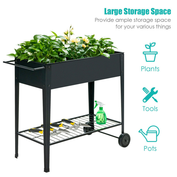 Raised Garden Planter Box with Non-slip Wheels and Storage Shelf