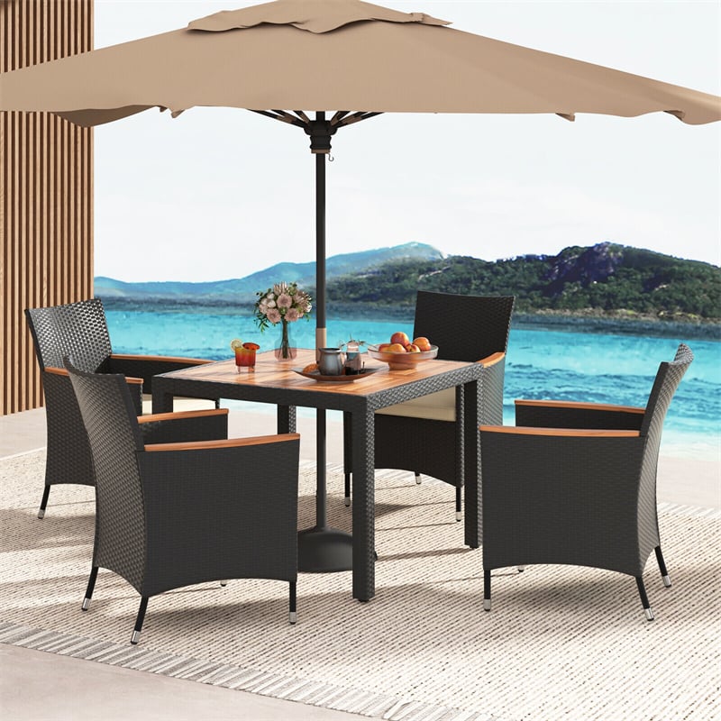 5 Piece Acacia Wood Wicker Patio Dining Set Outdoor Dining Table Chairs with Umbrella Hole & Seat Cushions for Backyard Poolside Deck