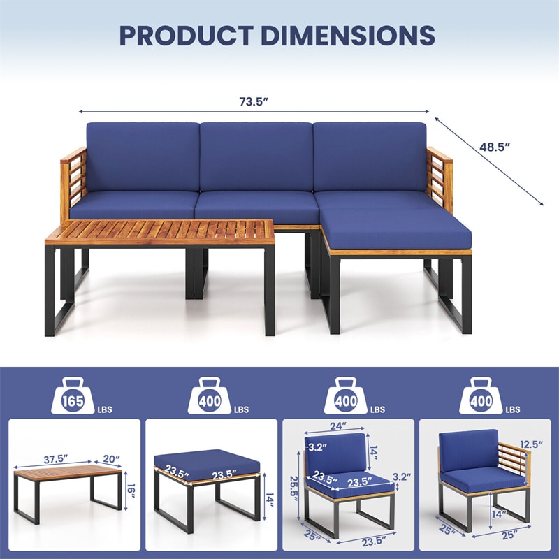 5 Piece Patio Furniture Set Metal Frame Acacia Wood Chair Coffee Table Set Outdoor 3-Seat Sofa Set with Ottoman, Back & Seat Cushions