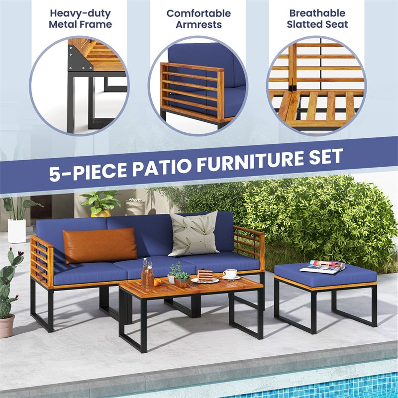 5 Piece Patio Furniture Set Metal Frame Acacia Wood Chair Coffee Table Set Outdoor 3-Seat Sofa Set with Ottoman, Back & Seat Cushions