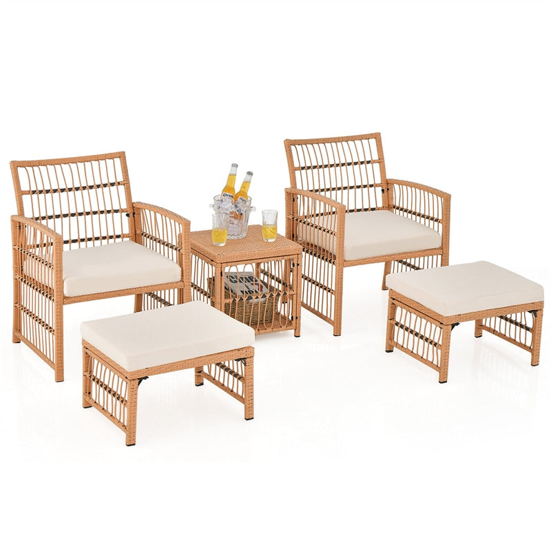 5 Piece Patio Rattan Wicker Conversation Set Outdoor Cushioned Furniture Set with 2-Tier Coffee Table & 2 Ottomans