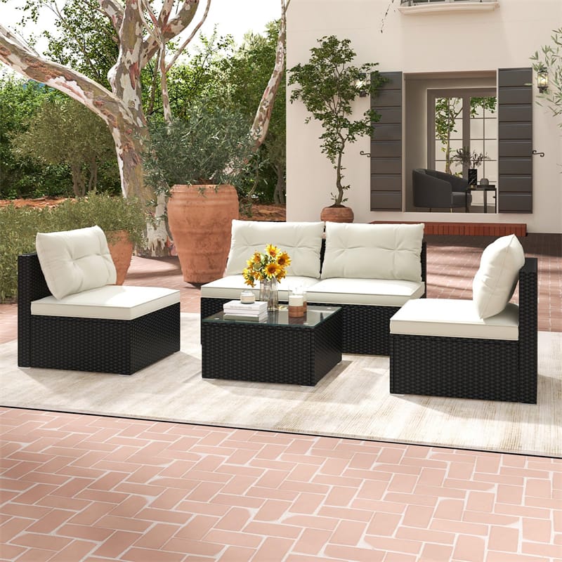 5-Piece Outdoor Rattan Sectional Sofa Set Wicker Patio Conversation Set with Tempered Glass Side Table, Seat & Back Cushions