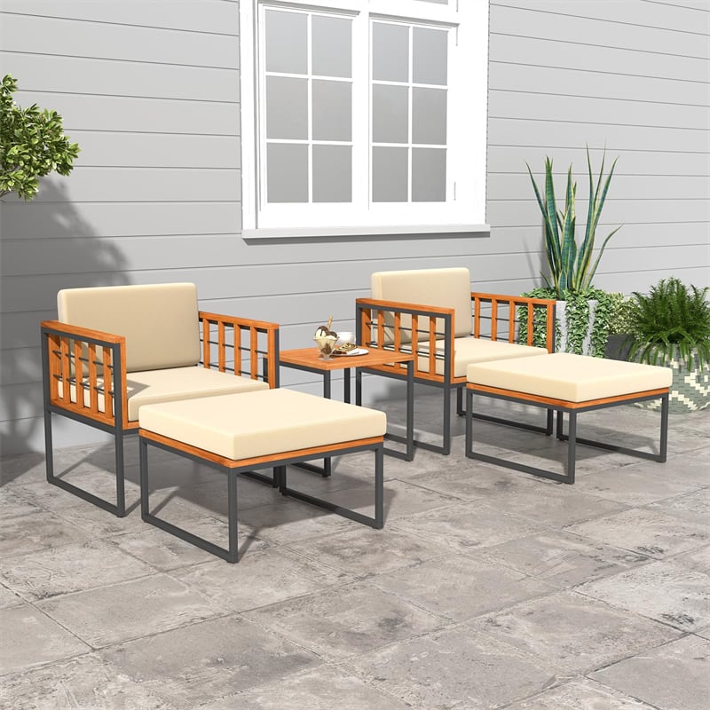 5 Pieces Acacia Wood Patio Furniture Set Outdoor Conversation Set with Coffee Table, Ottomans, Soft Back & Seat Cushions