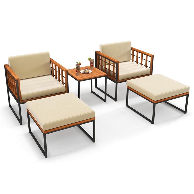 5 Pieces Acacia Wood Patio Furniture Set Outdoor Conversation Set with Coffee Table, Ottomans, Soft Back & Seat Cushions