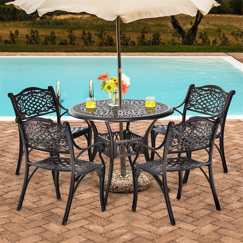 5 Pieces Cast Aluminum Patio Bistro Set All-weather Round Outdoor Dining Table with Umbrella Hole & 4 Ergonomic Armrest Chairs