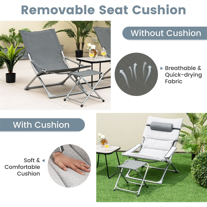 5 Pcs Outdoor Folding Sling Chair Set Beach Lawn Chairs with Ottoman, Coffee Table, Removable Seat Cushion & Headrest