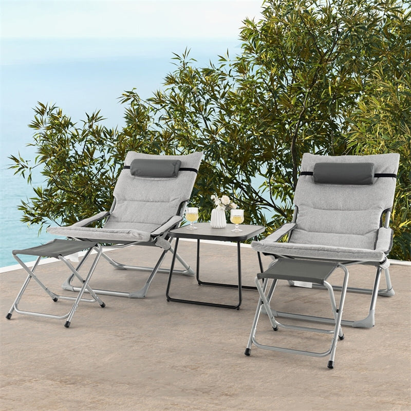 5 Pcs Outdoor Folding Sling Chair Set Beach Lawn Chairs with Ottoman, Coffee Table, Removable Seat Cushion & Headrest