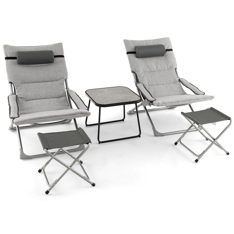 5 Pcs Outdoor Folding Sling Chair Set Beach Lawn Chairs with Ottoman, Coffee Table, Removable Seat Cushion & Headrest