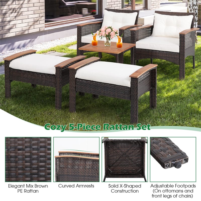 5PCS Patio Rattan Sofa Furniture Set Acacia Wood Wicker Outdoor Conversation Set with 2 Cushioned Chairs, 2 Ottomans & Coffee Table