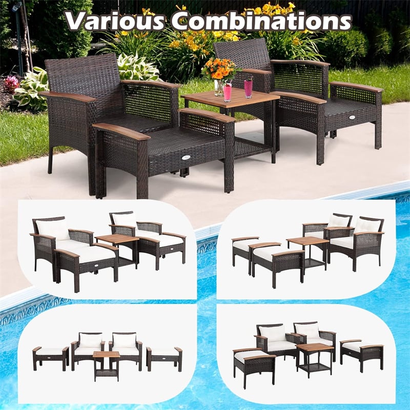 5PCS Patio Rattan Sofa Furniture Set Acacia Wood Wicker Outdoor Conversation Set with 2 Cushioned Chairs, 2 Ottomans & Coffee Table