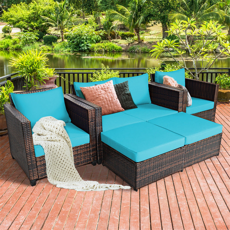 5 Piece Rattan Patio Furniture Set Conversation Set Wicker Loveseat Sofa Chair with Cushions & Ottomans for Yard Garden Poolside