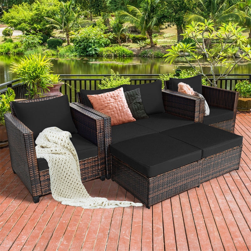 5 Piece Rattan Patio Furniture Set Conversation Set Wicker Loveseat Sofa Chair with Cushions & Ottomans for Yard Garden Poolside