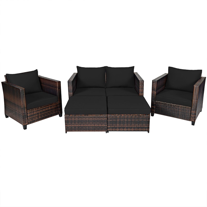 5 Piece Rattan Patio Furniture Set Conversation Set Wicker Loveseat Sofa Chair with Cushions & Ottomans for Yard Garden Poolside