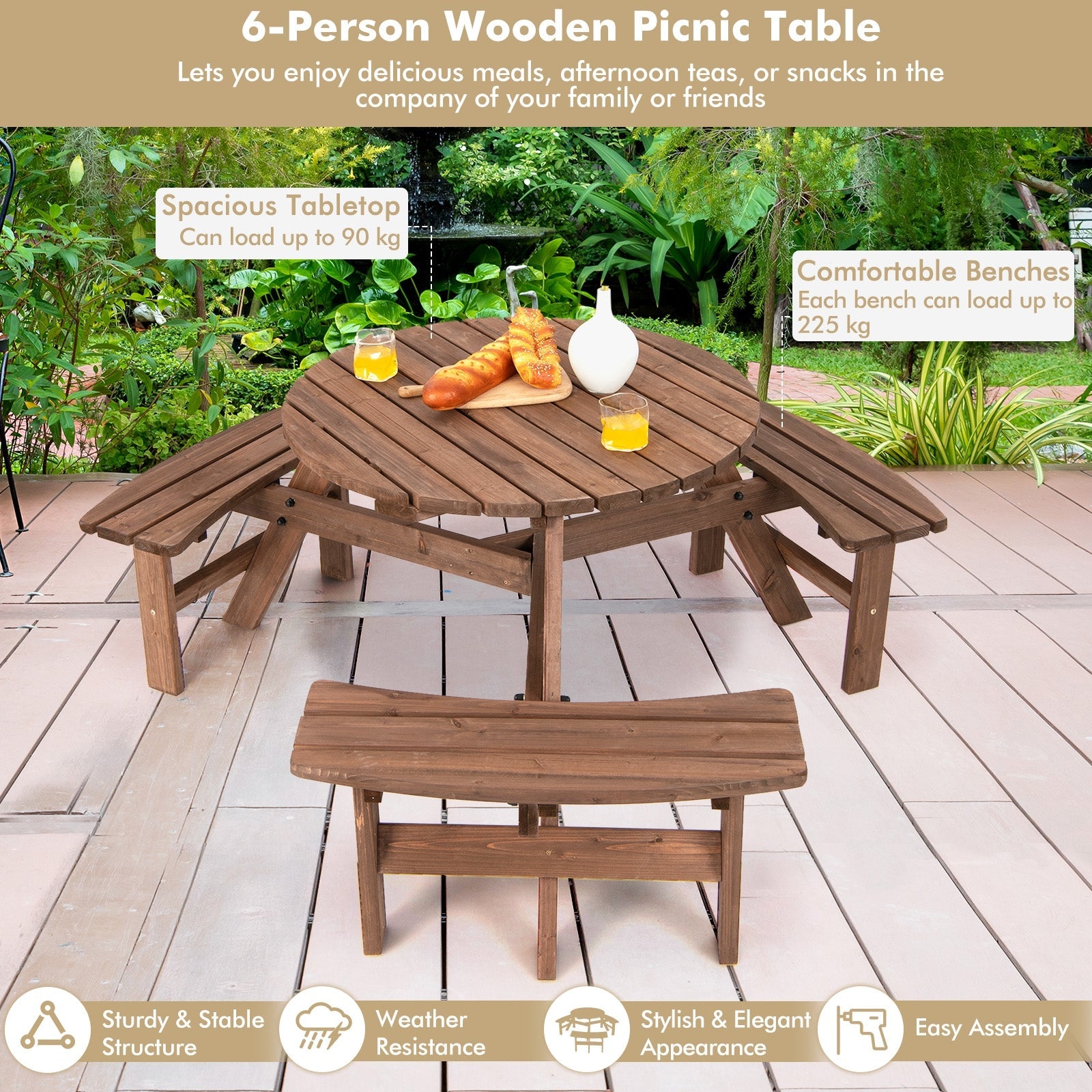 6-Person Patio Wood Table Beer Bench Set for Picnic & Beach