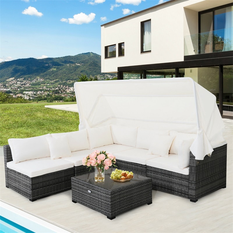 6-Piece Outdoor Rattan Patio Conversation Set with 3-Seat Daybed Sofa & Retractable Canopy