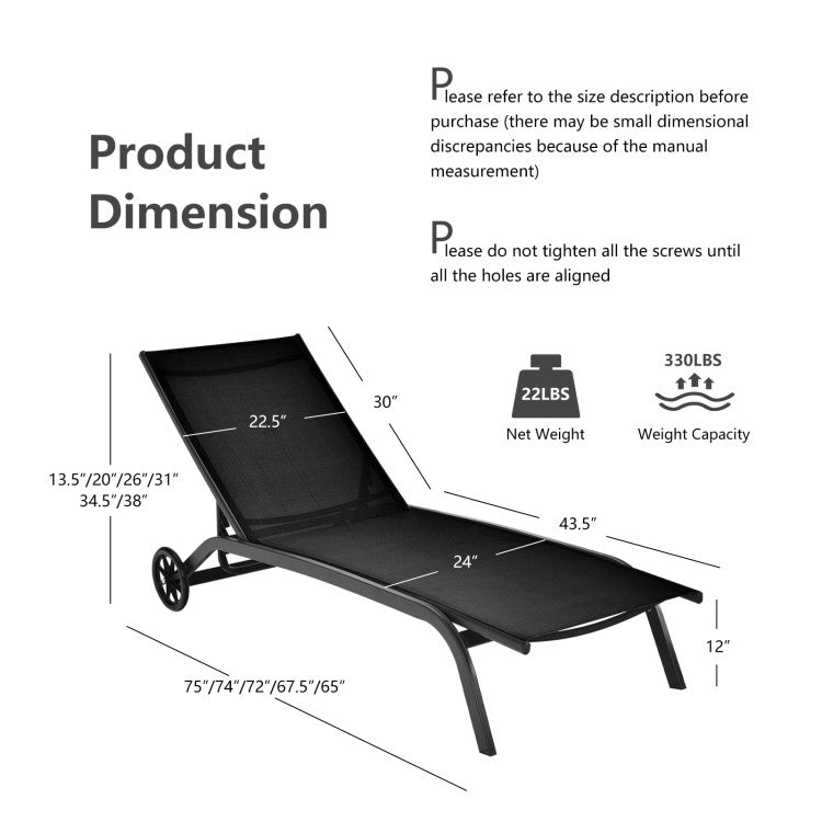 6-Position Adjustable Outdoor Chaise Recliner with Wheels