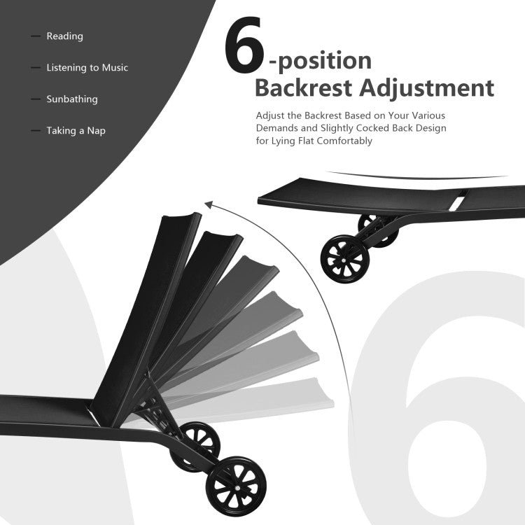 6-Position Adjustable Outdoor Chaise Recliner with Wheels