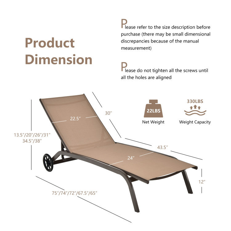 6-Position Adjustable Outdoor Chaise Recliner with Wheels