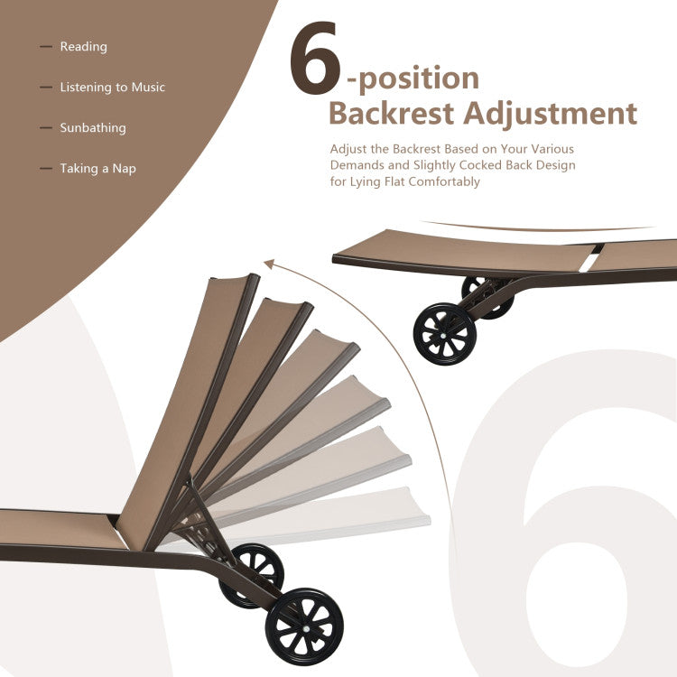 6-Position Adjustable Outdoor Chaise Recliner with Wheels