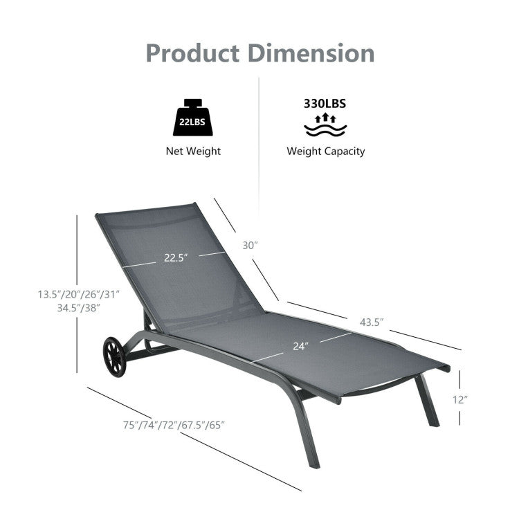 6-Position Adjustable Outdoor Chaise Recliner with Wheels