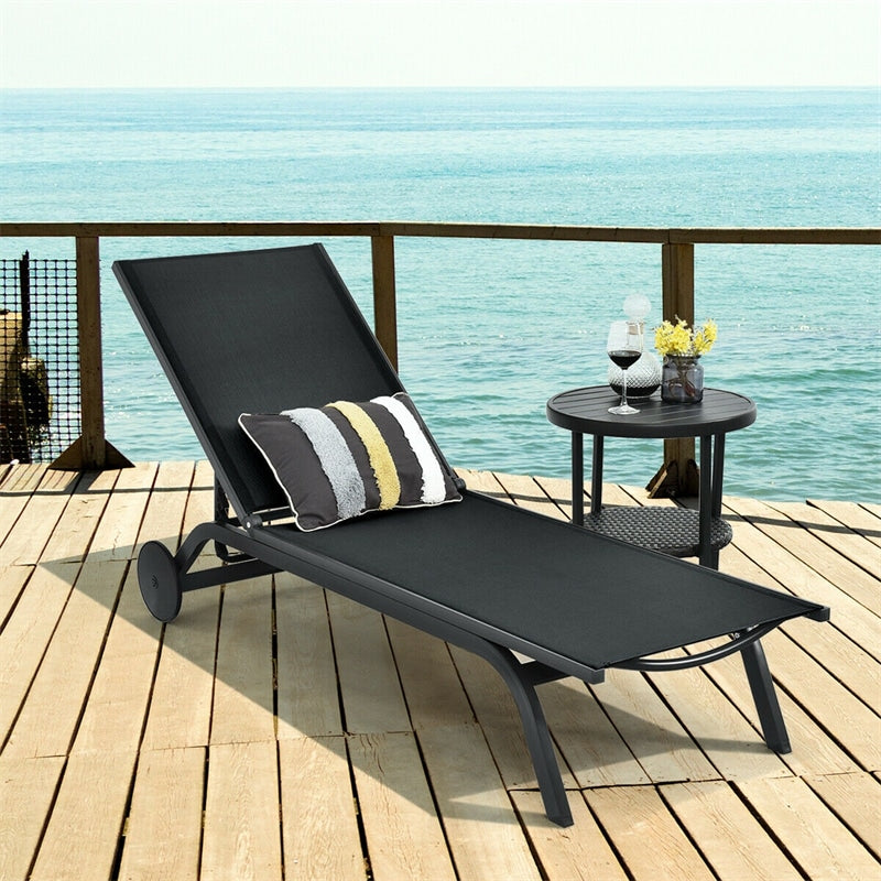 Outdoor Chaise Lounge Aluminum Patio Lounge Chair Reclining Pool Chair with Wheels & 6-Position Adjustable Backrest for Beach Yard