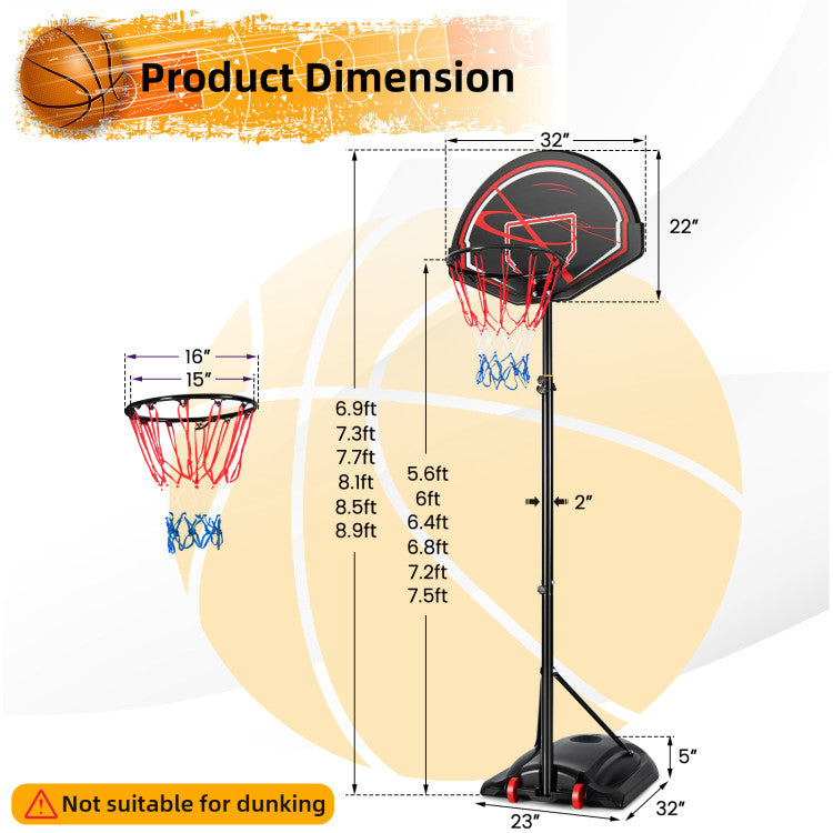 6-level Adjustable Heights Portable Basketball Hoop Stand with Wheels and 2 Nets