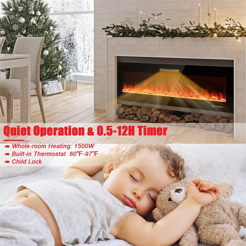 60" Electric Fireplace Insert 5000 BTU Recessed Fireplace with Decorative Crystal & 9 Flame Colors