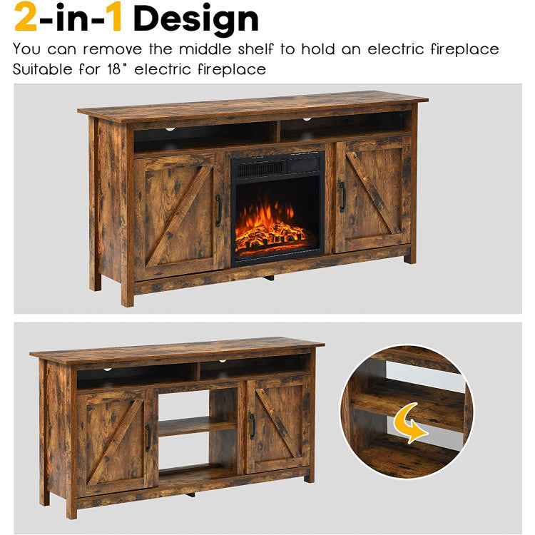 60 Inch Industrial Fireplace TV Stand for Up to 65 Inches TVs with Detachable Middle Shelf