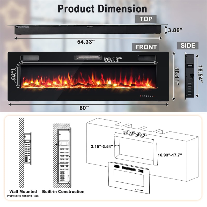 60" Electric Fireplace Insert In-Wall & Wall Mounted Fireplace with Touch Screen, Remote Control & Log Decoration