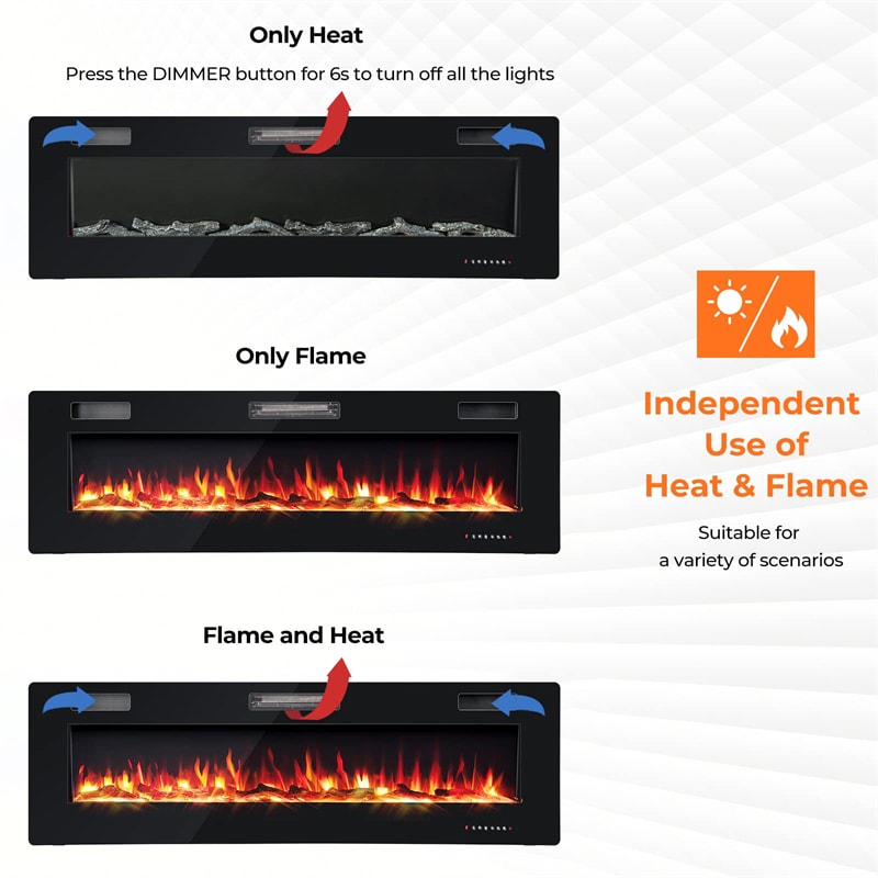 60" Electric Fireplace Insert In-Wall & Wall Mounted Fireplace with Touch Screen, Remote Control & Log Decoration