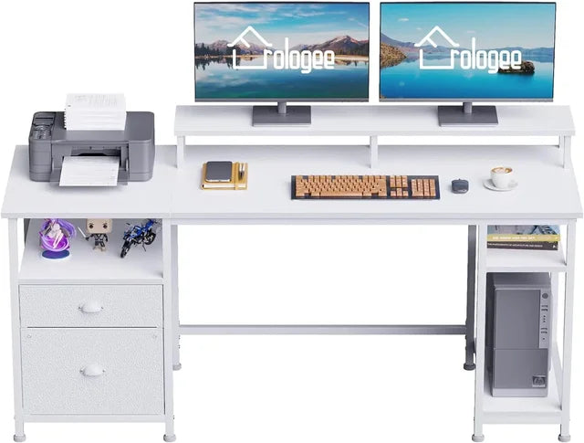 61-Inch LED Desk with Power Outlets, Reversible Computer Desk with File Cabinet & Drawer - ElitePlayPro