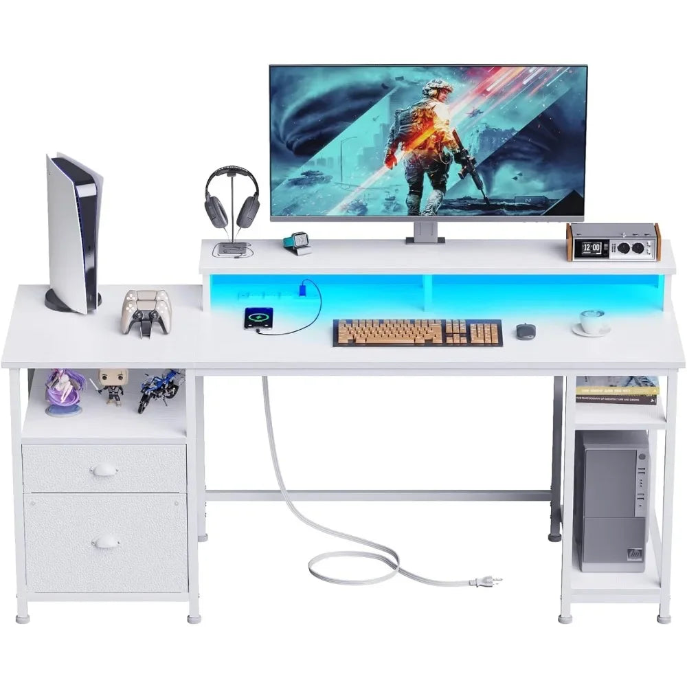 61-Inch LED Desk with Power Outlets, Reversible Computer Desk with File Cabinet & Drawer - ElitePlayPro