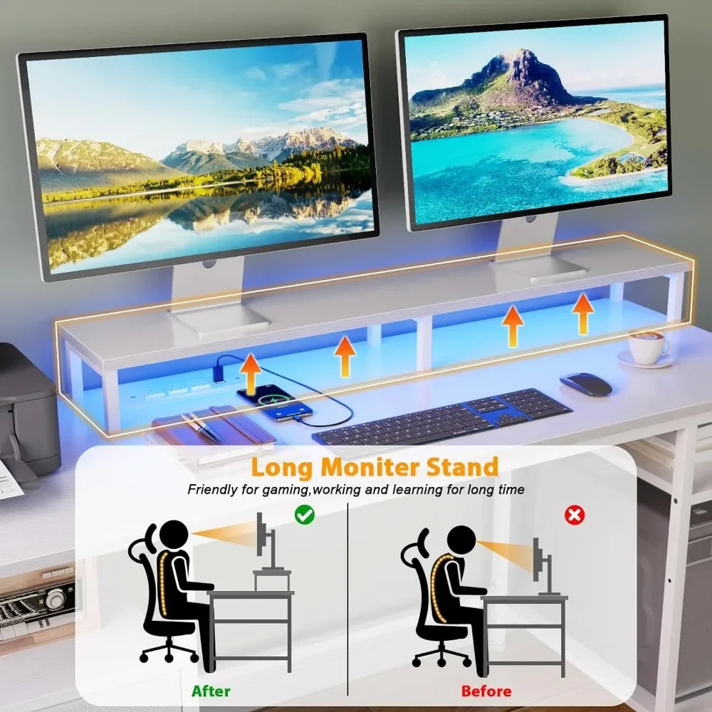 61-Inch LED Desk with Power Outlets, Reversible Computer Desk with File Cabinet & Drawer - ElitePlayPro