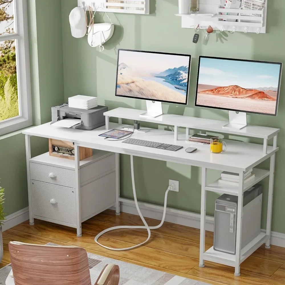 61-Inch LED Desk with Power Outlets, Reversible Computer Desk with File Cabinet & Drawer - ElitePlayPro
