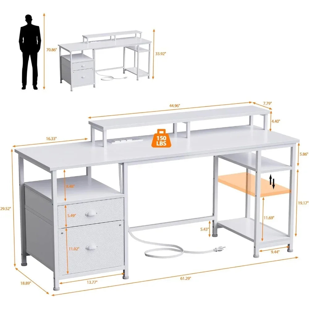 61-Inch LED Desk with Power Outlets, Reversible Computer Desk with File Cabinet & Drawer - ElitePlayPro