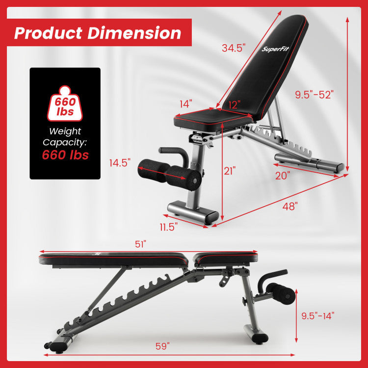 660 LBS Strength Training Bench with Adjustable Back and Seat for Full Body Workout