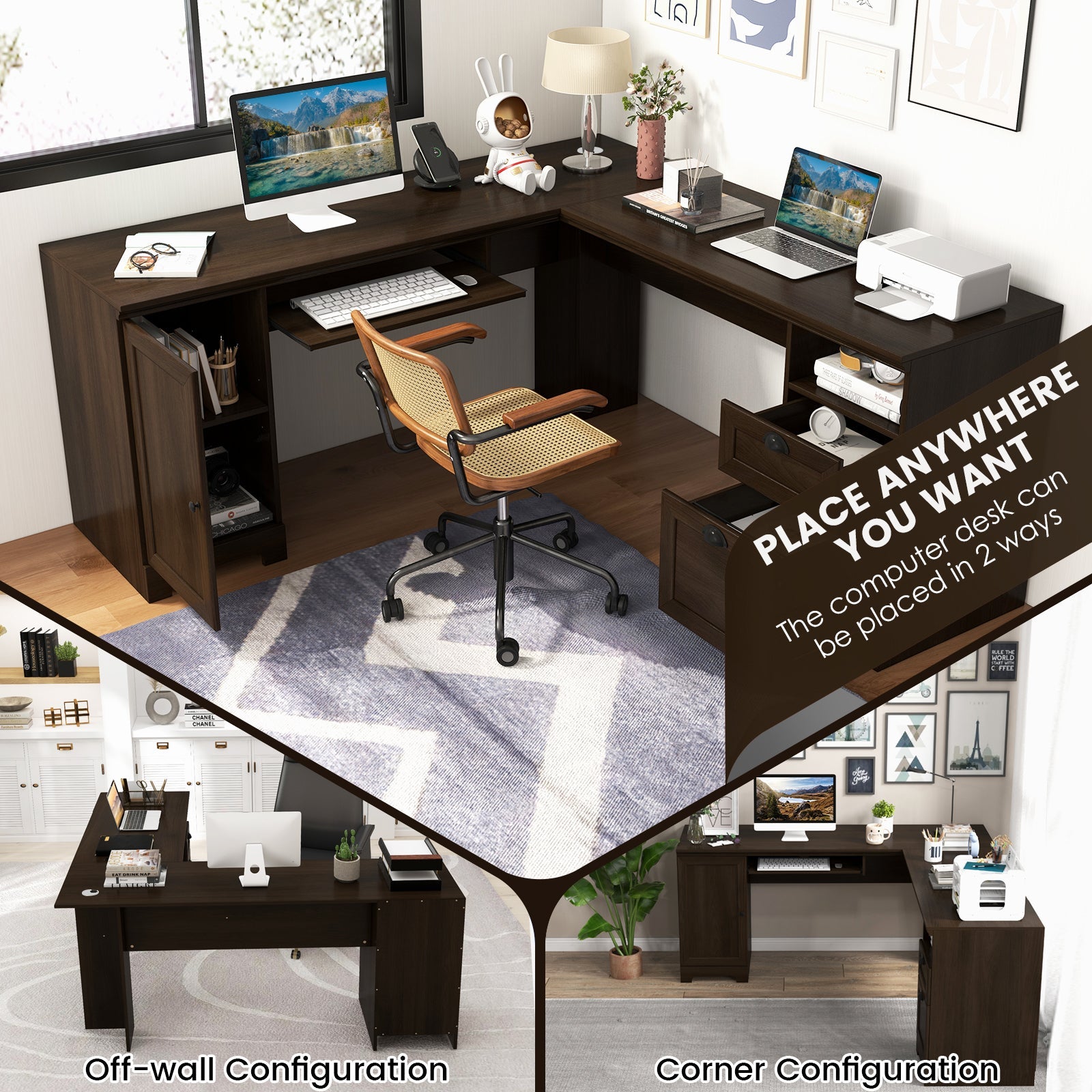 66 x 66 Inch L-Shaped Writing Study Work Computer Desk with Drawers for Home & Office