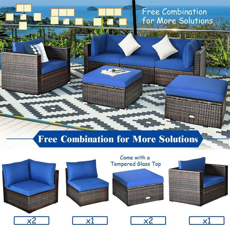 6 PCS Wicker Rattan Patio Sectional Furniture Outdoor Seating Group with Glass Coffee Table & Cushions Sofa Ottoman