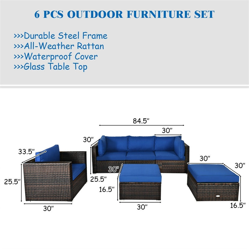 6 PCS Wicker Rattan Patio Sectional Furniture Outdoor Seating Group with Glass Coffee Table & Cushions Sofa Ottoman