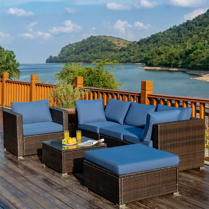 6 PCS Wicker Rattan Patio Sectional Furniture Outdoor Seating Group with Glass Coffee Table & Cushions Sofa Ottoman