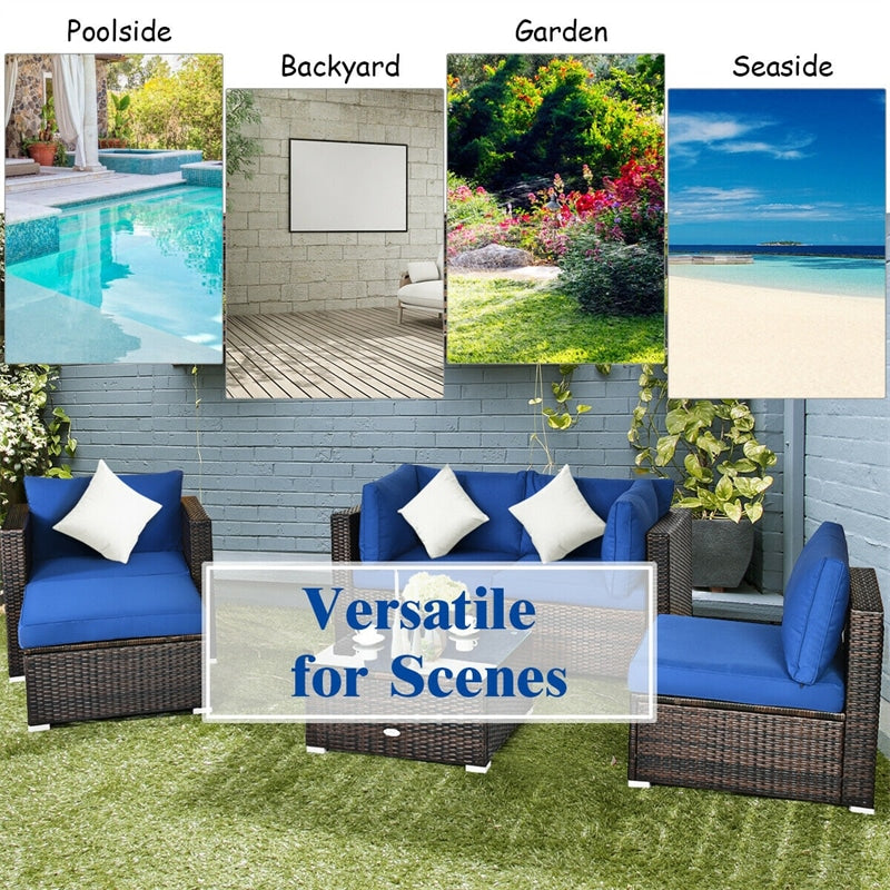 6 PCS Wicker Rattan Patio Sectional Furniture Outdoor Seating Group with Glass Coffee Table & Cushions Sofa Ottoman