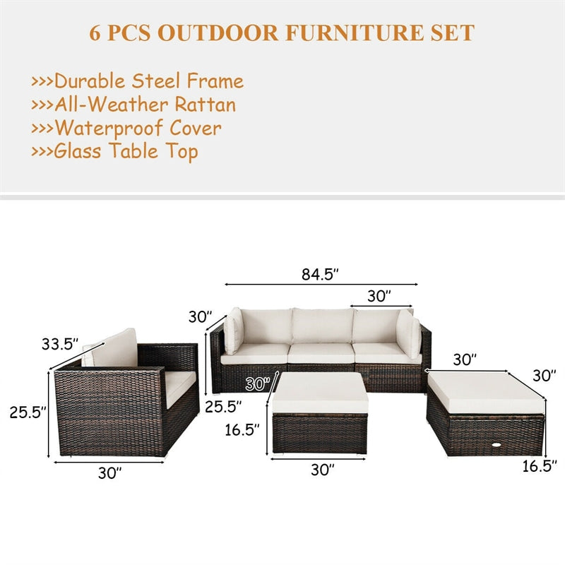 6 PCS Wicker Rattan Patio Sectional Furniture Outdoor Seating Group with Glass Coffee Table & Cushions Sofa Ottoman