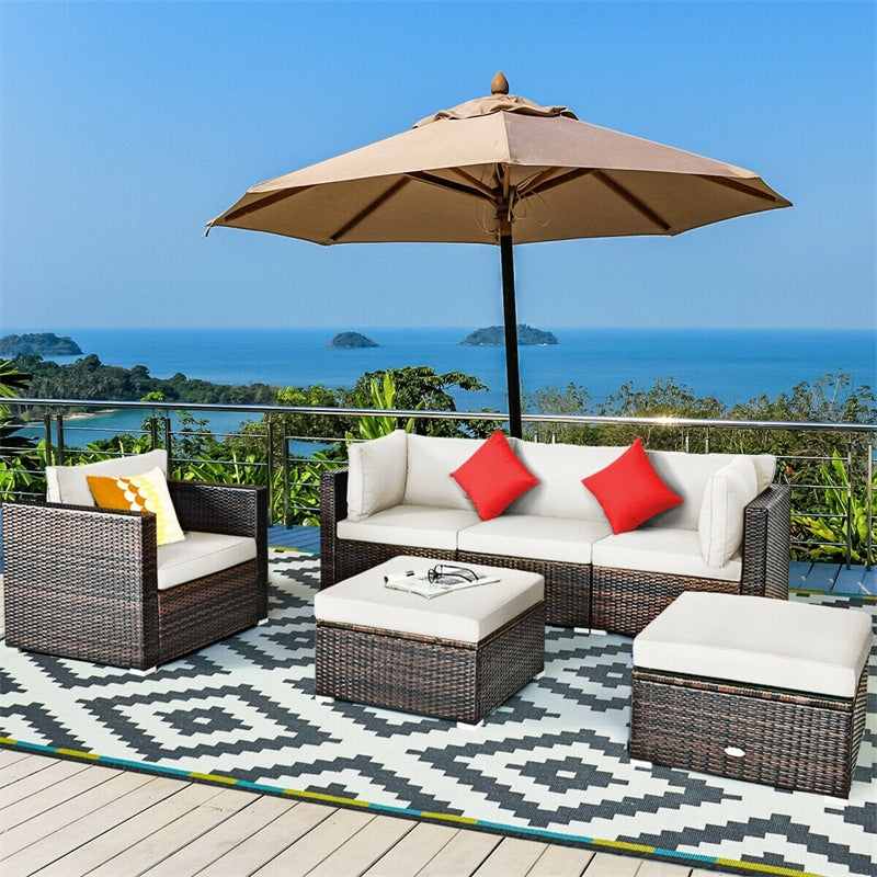 6 PCS Wicker Rattan Patio Sectional Furniture Outdoor Seating Group with Glass Coffee Table & Cushions Sofa Ottoman