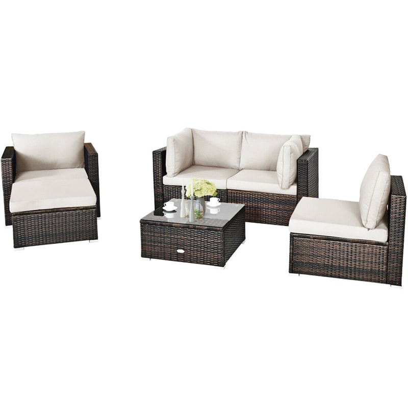 6 PCS Wicker Rattan Patio Sectional Furniture Outdoor Seating Group with Glass Coffee Table & Cushions Sofa Ottoman