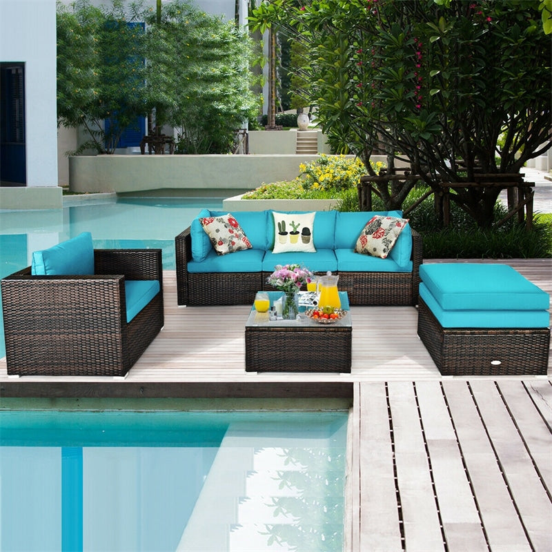 6 PCS Wicker Rattan Patio Sectional Furniture Outdoor Seating Group with Glass Coffee Table & Cushions Sofa Ottoman