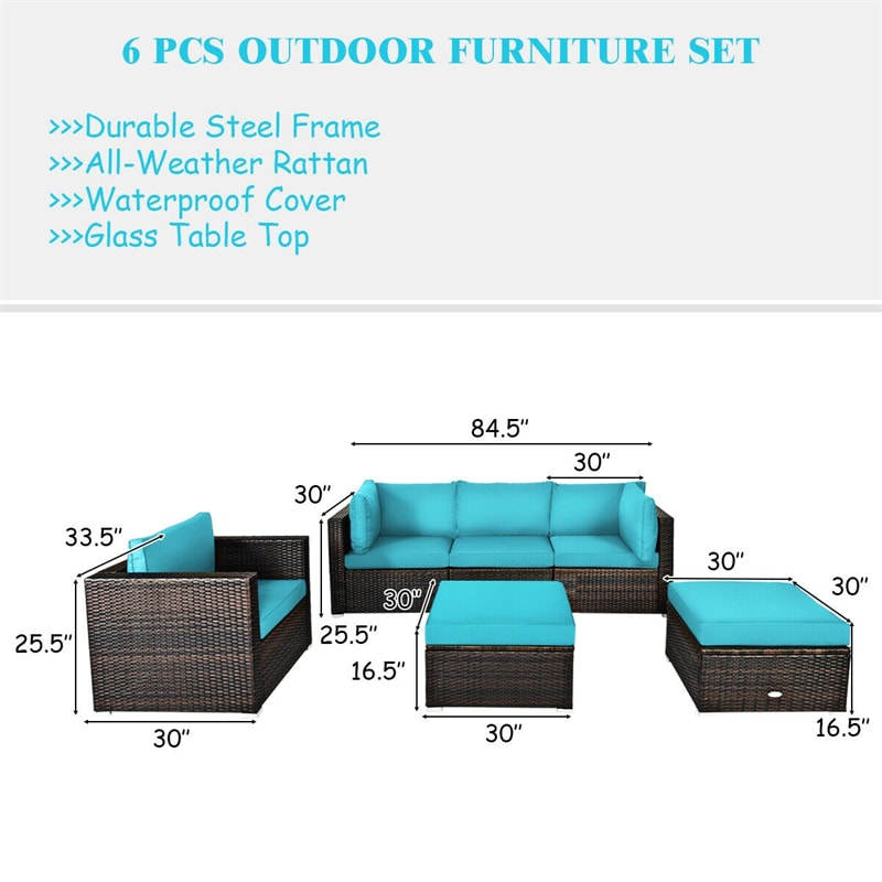 6 PCS Wicker Rattan Patio Sectional Furniture Outdoor Seating Group with Glass Coffee Table & Cushions Sofa Ottoman