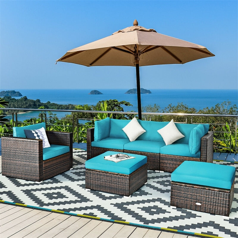 6 PCS Wicker Rattan Patio Sectional Furniture Outdoor Seating Group with Glass Coffee Table & Cushions Sofa Ottoman