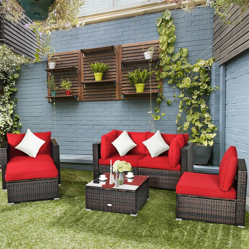 6 PCS Wicker Rattan Patio Sectional Furniture Outdoor Seating Group with Glass Coffee Table & Cushions Sofa Ottoman