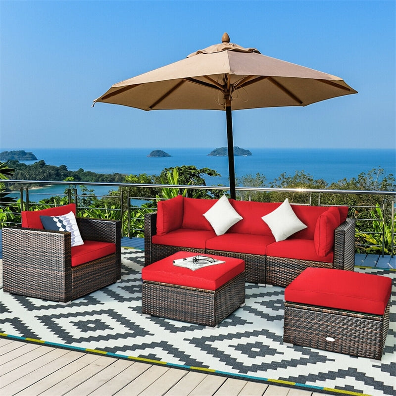 6 PCS Wicker Rattan Patio Sectional Furniture Outdoor Seating Group with Glass Coffee Table & Cushions Sofa Ottoman