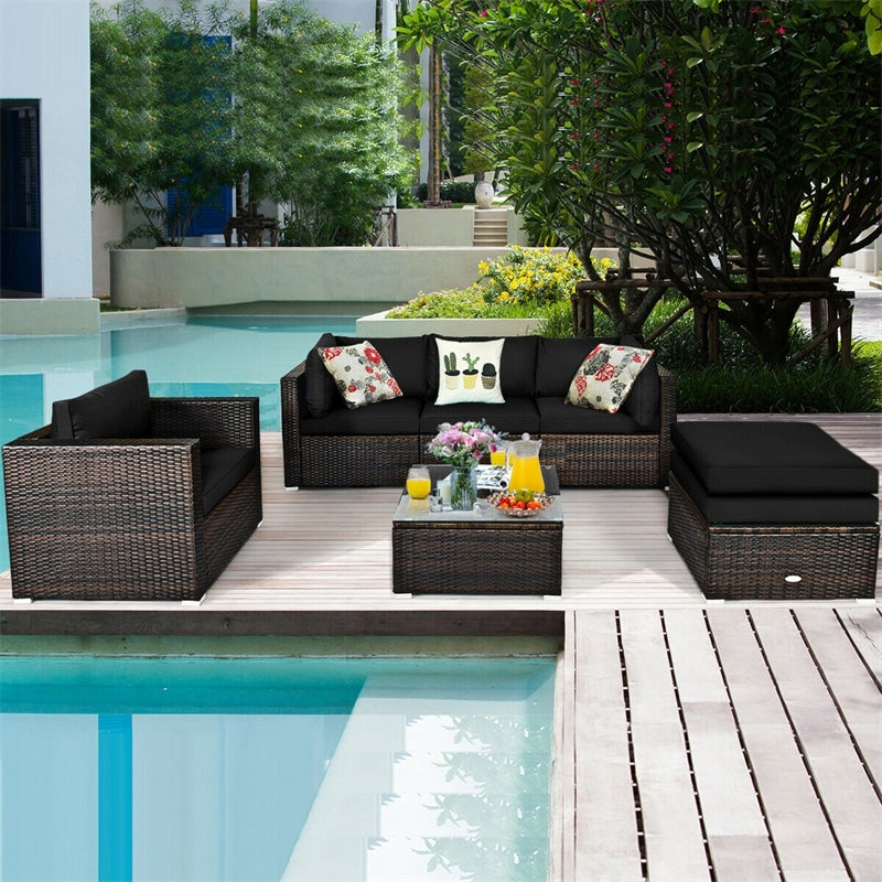 6 PCS Wicker Rattan Patio Sectional Furniture Outdoor Seating Group with Glass Coffee Table & Cushions Sofa Ottoman